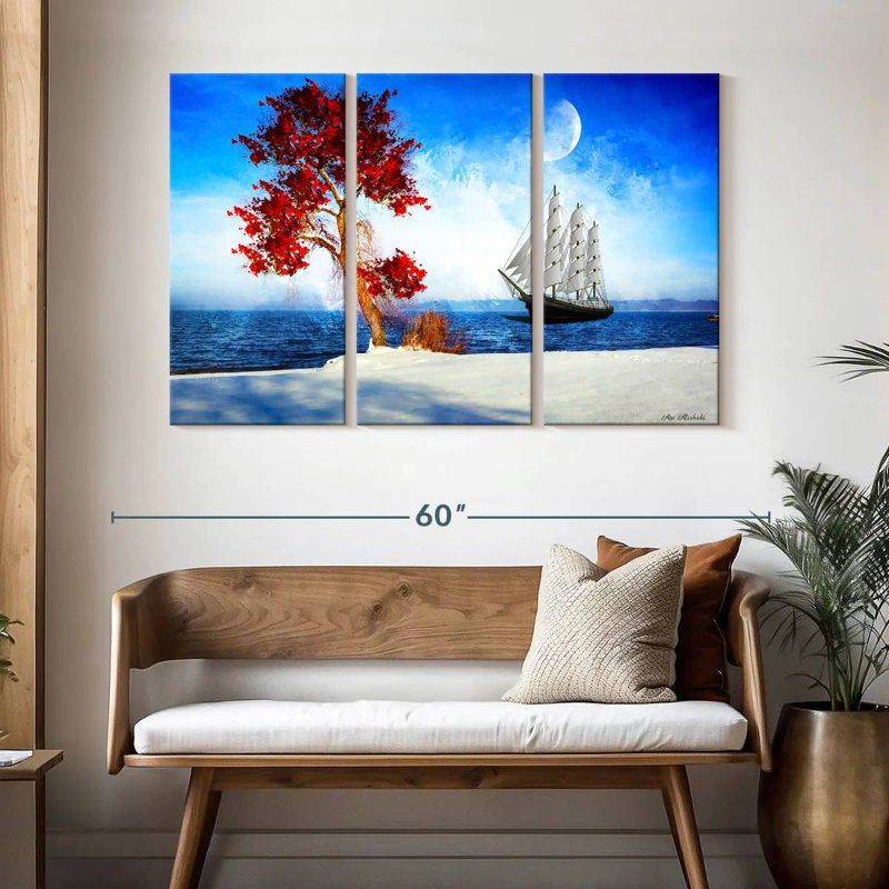 Mehar Red Tree And Ship, 32" H x 50" W
