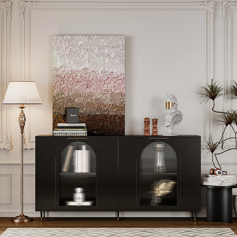 Armoire décorative avec 4 portes en verre, buffet Buffet, armoire de rangement, Noir