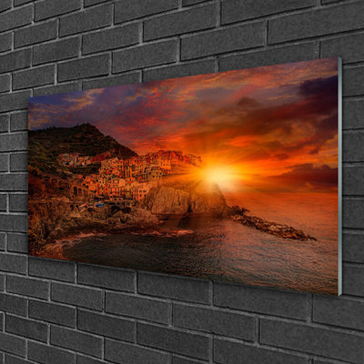 Glass Print Wall Art 100X50cm Image Printed On Glass Decorative Wall Picture Behind Toughened / Tempered Safety Real Glass For Kitchen & Living Room Theme: Sea City Sun Landscape