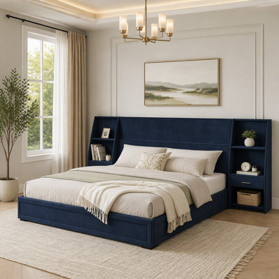 Storage Platform Bed Frame, Glossy Velvet Headboard with Side Bookcases & Drawer