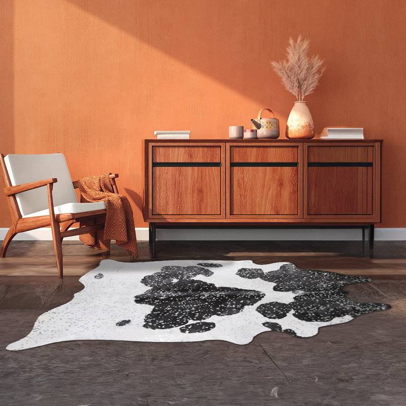 Tapis en cuir de vache noir et blanc métallique sur mesure, Nouveauté 5 pi 8 po x 6 pi 7 po