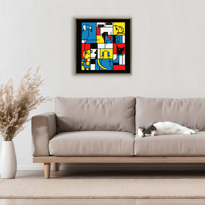 Cadre flottant abstrait Color Block Dogs, design par Tobe Fonseca, Montalcino orme flottant encadré, H 18 po x l 18 po