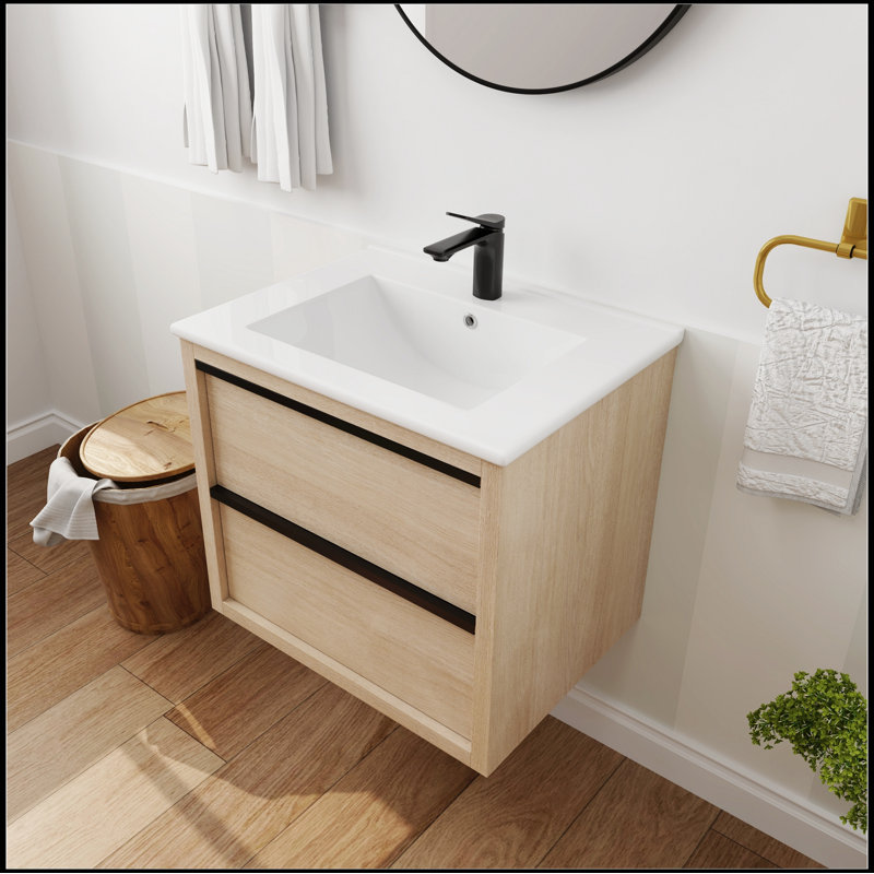 Meuble-lavabo 24 po avec 2 tiroirs à fermeture douce, lavabo en céramique blanche