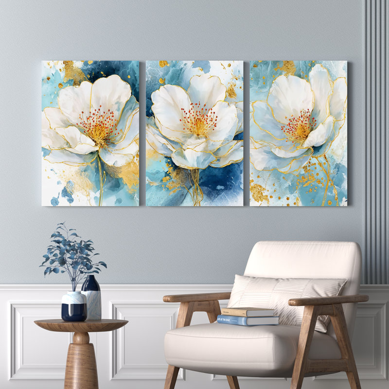 Floral avec décorations dorées, reproduction d'art sur toile abstraite (ensemble de 3), H 30 po x l 60 po