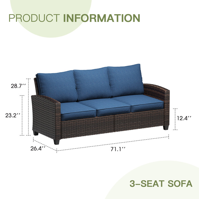 71" Hand-Woven Wicker Outdoor Sofa, Brown, Navy