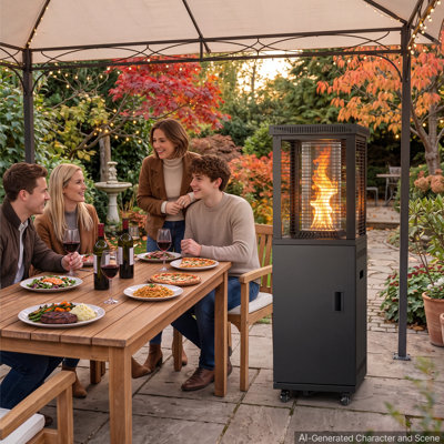 Chauffe-terrasse au propane 41 000 BTU pour l'extérieur, portable avec 2 roulettes, pour la fête, la cour, le jardin et la terrasse, arrêt automatique basculant, brûleur en acier inoxydable, chauffe jusqu'à 269 pieds carrés, noir