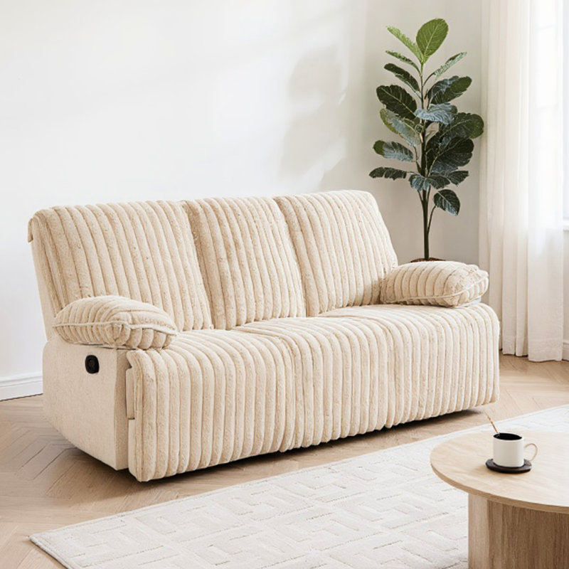 Velours côtelé manuel à 3 places, beige, idéal pour se prélasser dans le salon, avec des coussins larges et moelleux