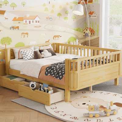 Lit plateforme double en bois pour enfants, lit double en bois à profil bas avec rails pour filles et garçons, naturel