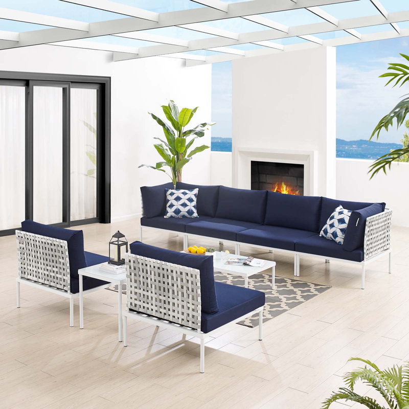 Ensemble de canapé modulaire en aluminium à tissage panier en tissu 8 pièces Harmony par Modway, Tanné, gris