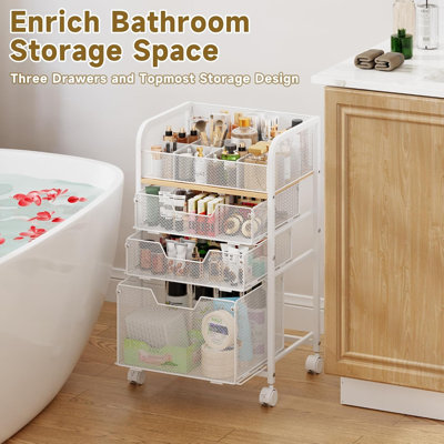 Chariot de rangement pour maquillage avec 3 tiroirs, rangement sous bureau, organisateur de maquillage et de soins de la peau au sol, rangement pour cosmétiques, vernis à ongles, parfum, pinceaux de maquillage, accessoires de coiffure, blanc
