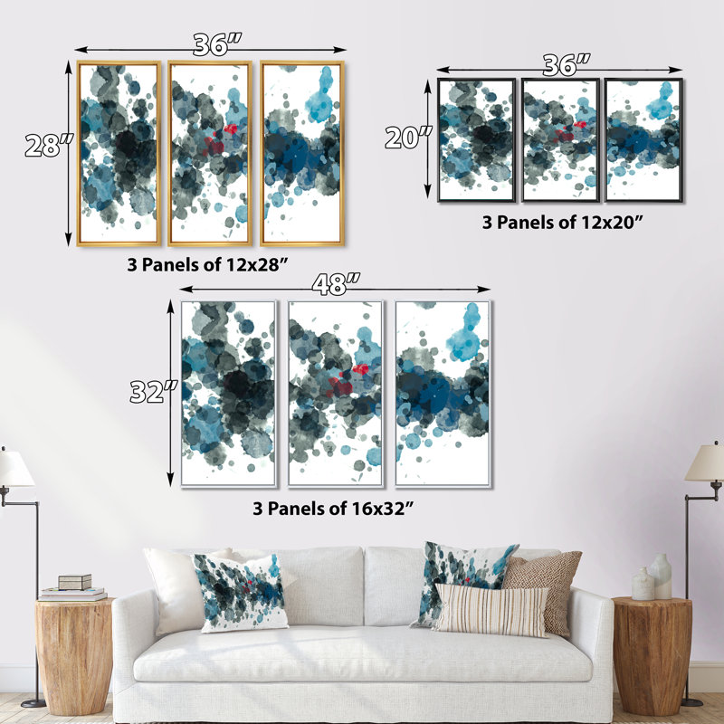 Explosion de peinture à l'huile en gouttes de noir et de bleu - ensemble de 3 reproductions sur toile flottantes, Blanc