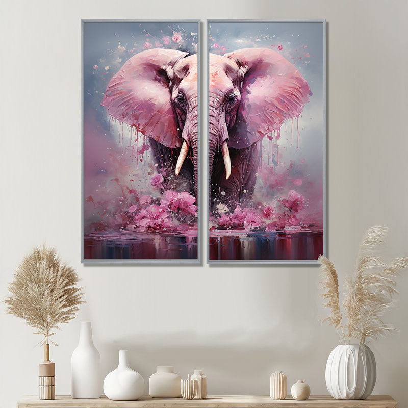 Rose, éléphant géant romantique - art mural moderne brun, H 40 po x l 40 po, Argent argent, Impression encadrée flottante