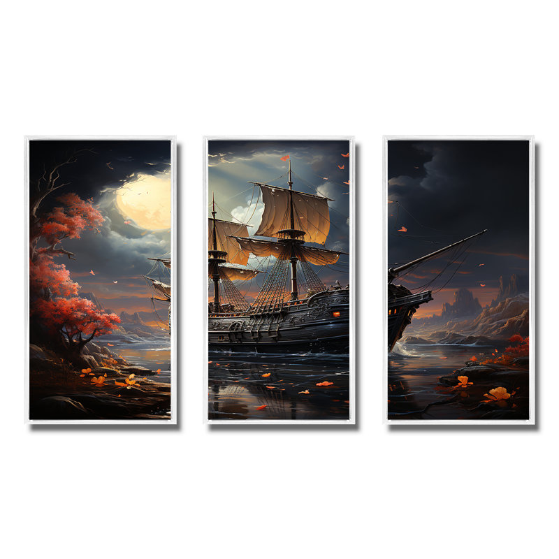 Pirate Ship Nightly Voyage I - Art mural pirate, Cadre flottant blanc, H 28 po x l 36 po