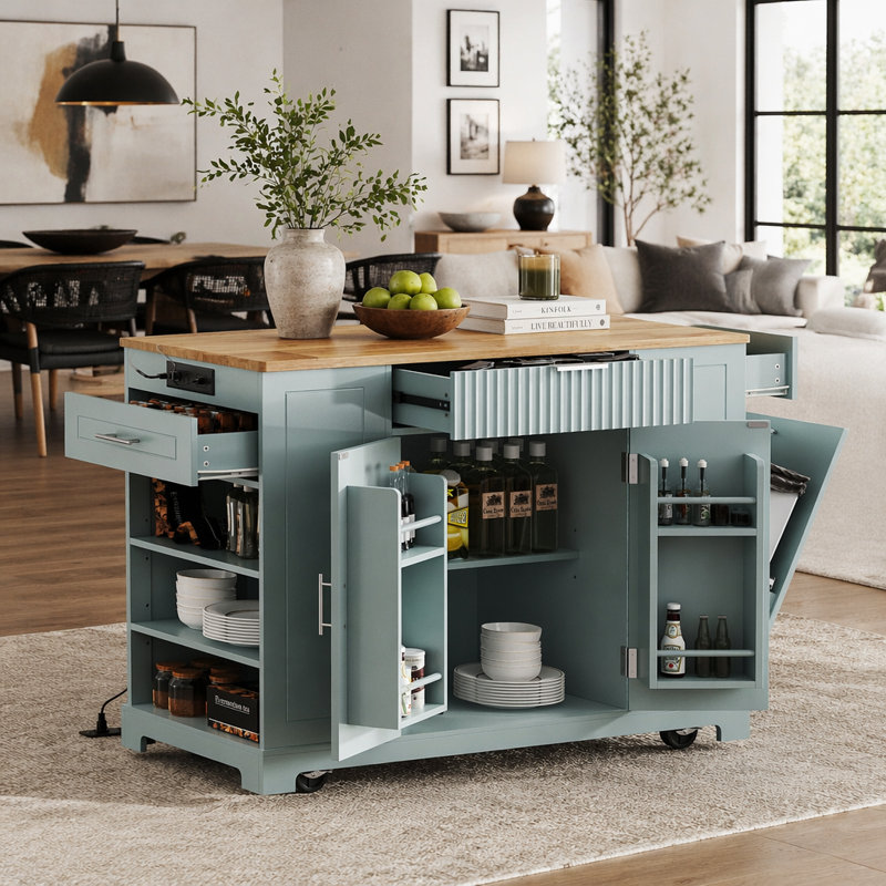 Fluted Kitchen Island with Trash Can Storage Cabinet, Power Outlet, Internal Storage Rack, Rolling Kitchen Islands on 5 Wheels with 3 Drawer, 3 Open Side Racks for 10 Gallon Garbage Bin