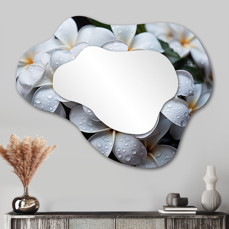 Plumeria Rainy Paradise - Plumeria Asymmetrical Decorative Mirror, Traditional Cloud Large Wall Mirror, Printed Metal Art
