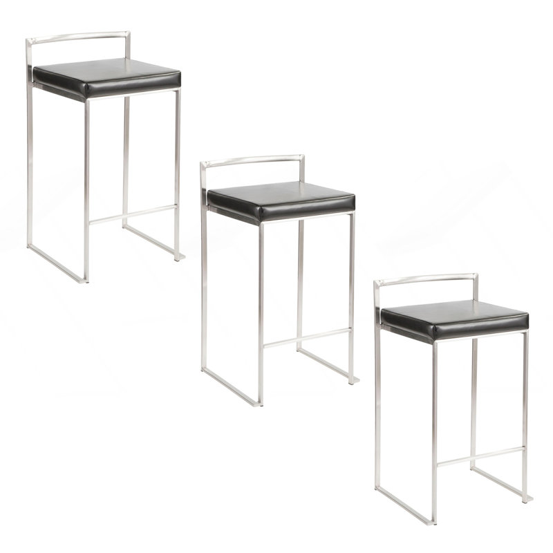 Fuji 26" Contemporary Stackable Counter Stool In Brushed Stainless Steel With Black Faux Leather By Lumisource - Set Of 3