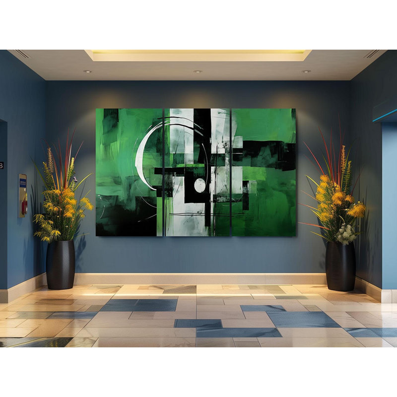 «Triptych», art mural sur toile - Triptyque géométrique vert et noir - ensemble de toiles abstraites modernes pour décoration audacieuse et cadeaux uniques, reproduction de peinture