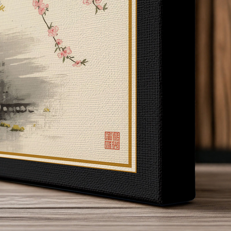 Blossoms Over Mist Japandi - Wrapped Canvas, 30x20 - 76.2 x 50.8 cm, Black Border