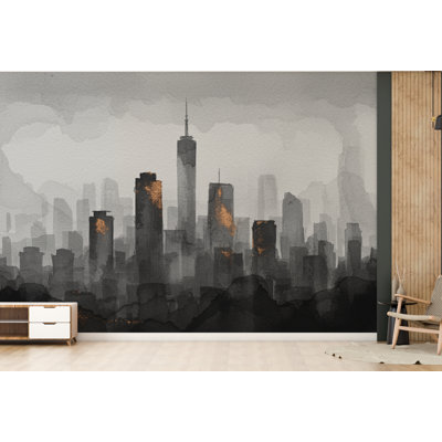 City Skyline Minimalist Wallpaper – Modern Watercolor Mural For Office Or Loft Decor, Neutral Urban Landscape Print