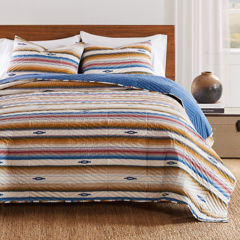Sapphire Blue and Red Southwestern Reversible Full Quilt Set