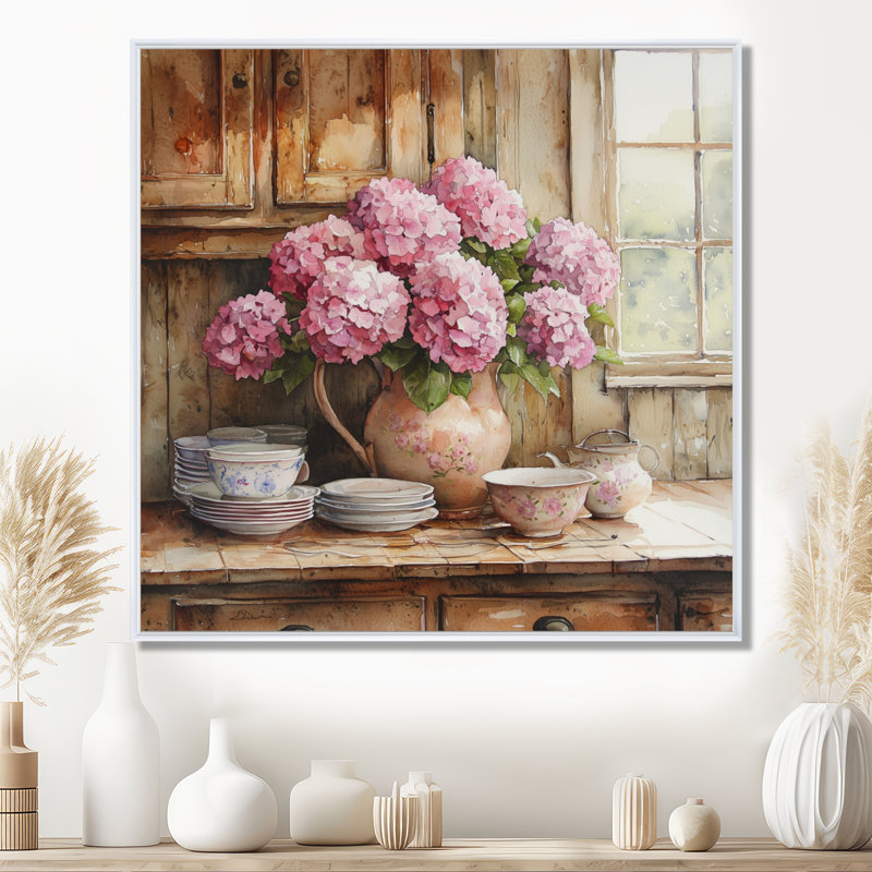 Hortensias dans la ferme II - hydrangées, art mural, Impression encadrée flottante, H 16 po x l 16 po, Blanc