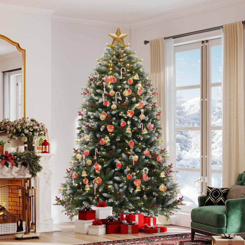 Arbre de Noël artificiel vert givré 6 pi avec lumières réglables, pommes de pin et baies, 6'