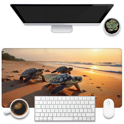 Grand tapis de souris de jeu pour bureau, tapis de bureau Tortues sur la plage, joli tapis de bureau Tortue de mer, grand tapis de souris pour ordinateur avec base antidérapante et bord piqué, 15,7 x 35,4 po
