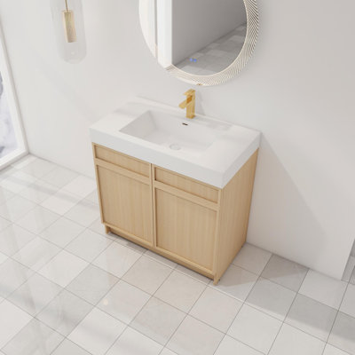 Soft Close Doors Single Sink Freestanding Bathroom Vanity With White Resin Sink