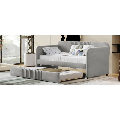 Lit de jour simple rembourré gris, lit gigogne, support en lattes de bois, solide et robuste, idéal pour un lit de taille domestique, design élégant, lit peu encombrant