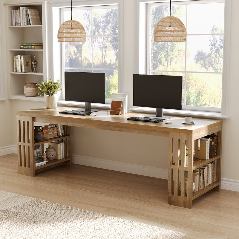 78.7" Long Computer Desk, Wooden 2 Person Desk with Storage Shelf