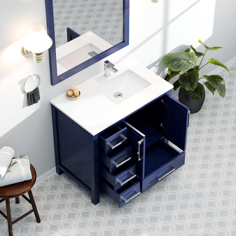 Meuble-lavabo de salle de bain 36 po X P 22 po D, dessus en quartz décalé à droite, ensemble de robinet et Miroirs, Marine