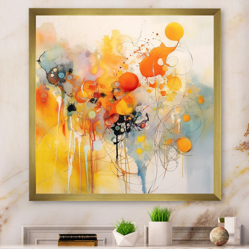 Orange and Yellow Color Whirls III - Abstract Minimalism Canvas Wall Art, 24" H x 32" W x 1" D, Gold Single Picture Framed