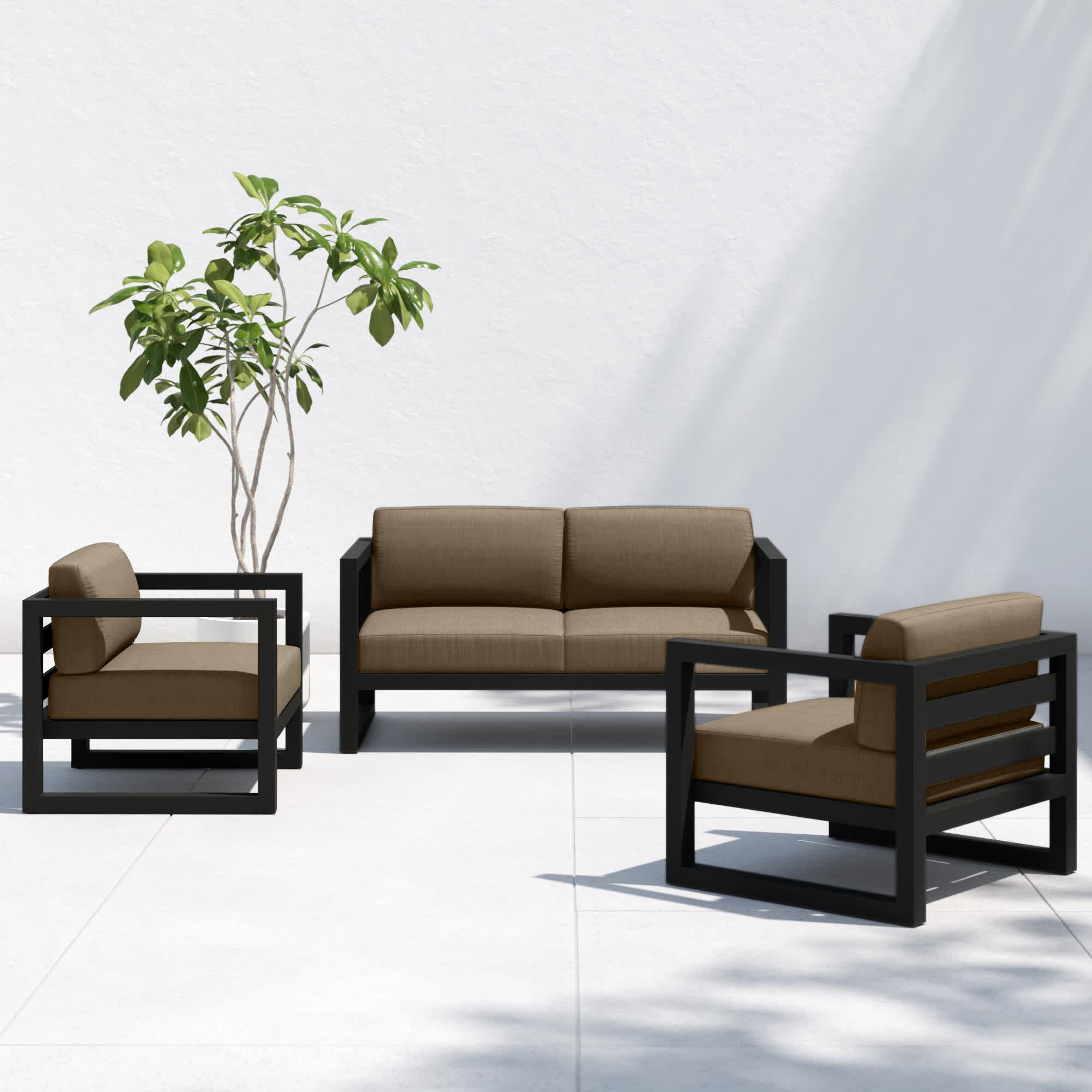 Smith 3 Piece Sofa Seating Group with Sunbrella Cushions, Slate, Heather Beige