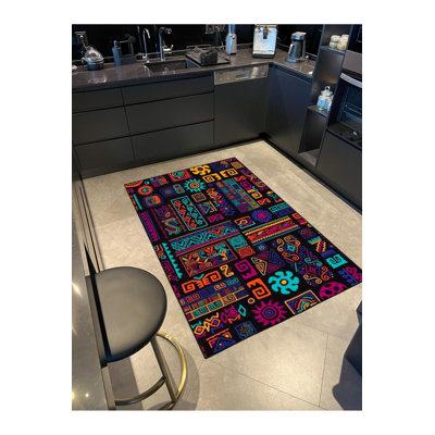Black Floral Botanical Themed Decorative Washable Rug