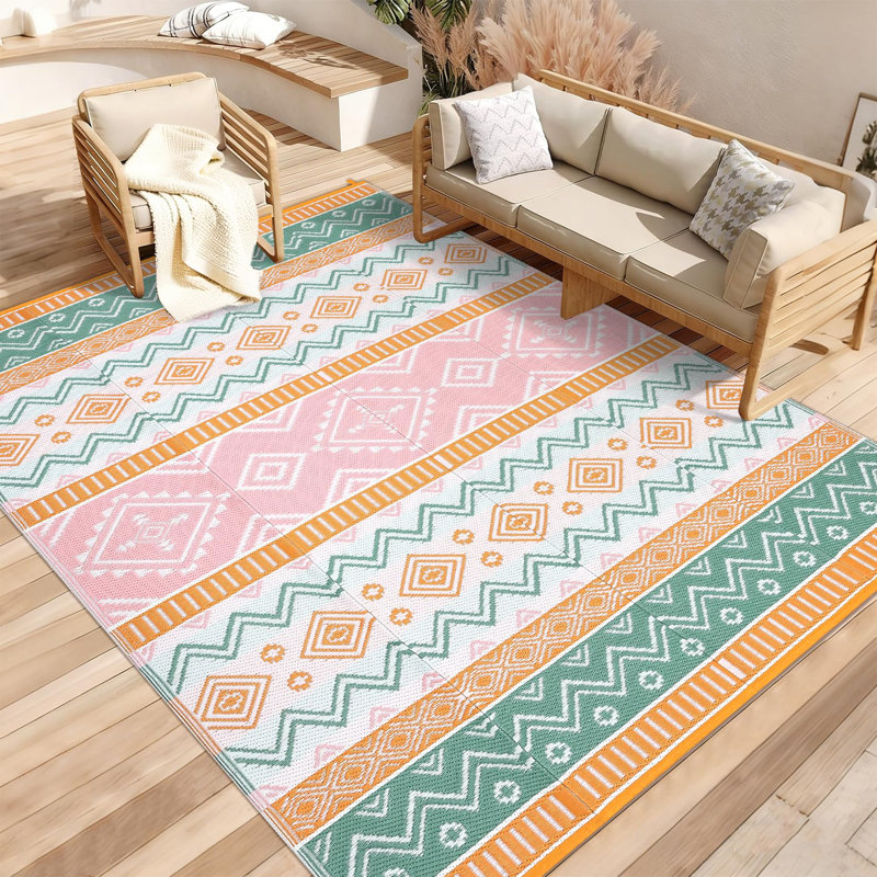 Black and White Geometric Outdoor Area Rug 10x14ft – Washable, Waterproof, UV Resistant Patio Carpet, Easy Clean, Lightweight – USA Specification