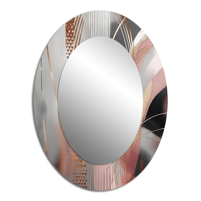 «Pink Rosegold Circle Complexity I», miroir décoratif ovale abstrait sur métal, 40 po x 30 po