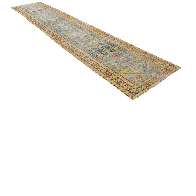 Vintage Handmade 3X17 Green And Beige Anatolian Turkish Oushak Distressed Area Runner