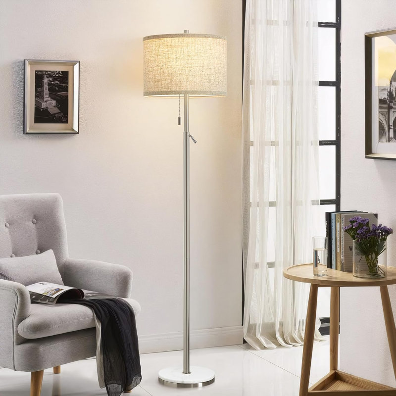 Lampe sur pied en marbre moderne de 64 po Vondell à hauteur réglable avec interrupteur à chaîne, Argent / marbre blanc