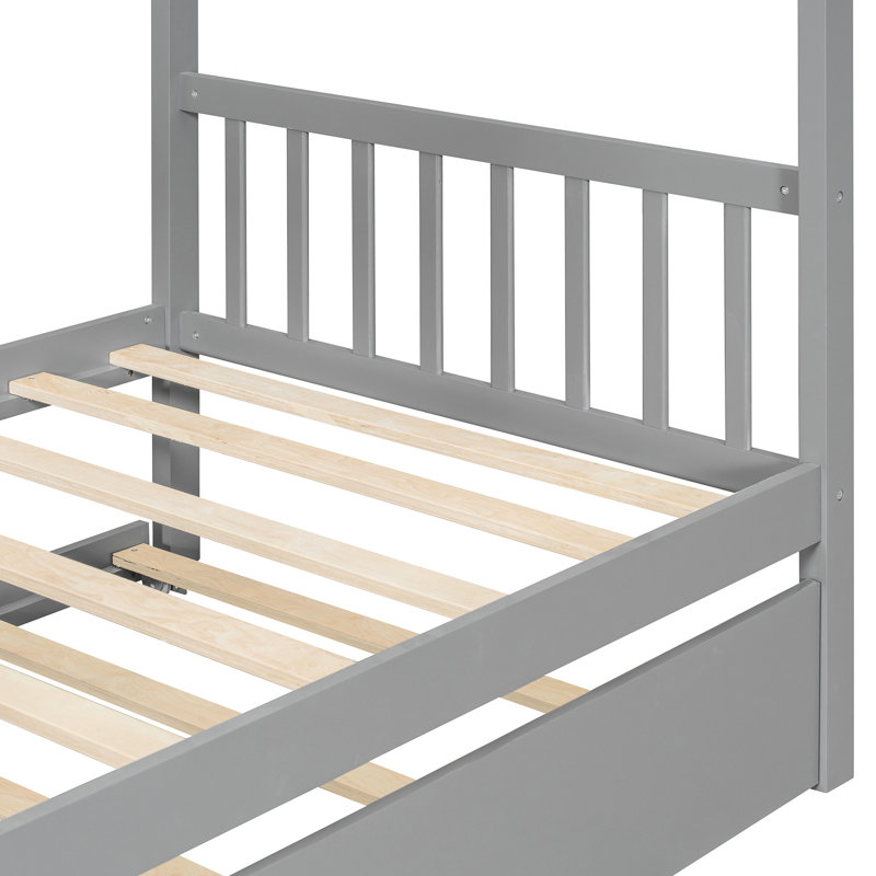 Twin Gray Wooden House Bed With Trundle, Maximized Bedroom Space, Sky Roof For Fun, Pine Legs Space Guests, Frame, Feature