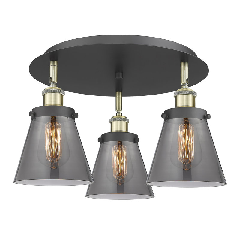 Plafonnier encastré 3 lumières Cone, Laiton antique noir, Plaqué couleur fumée