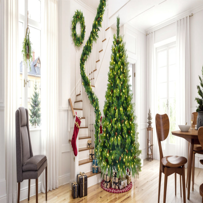 Ensemble d'arbre de Noël artificiel illuminé 6 pi avec branches articulées et guirlande de pommes de pin