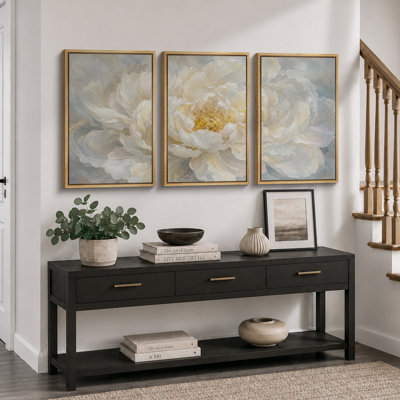 Soft White Peony Bloom Floral Artwork, Bedroom Pictures, Framed Canvas Giclee Print 3 Pieces Wall Art
