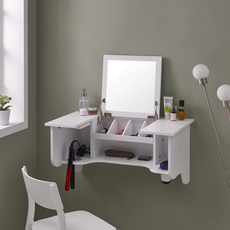 Rebord mural avec miroir de coiffeuse - blanc transitionnel Fournissez un espace de rangement pour vos accessoires de coiffure et votre maquillage
