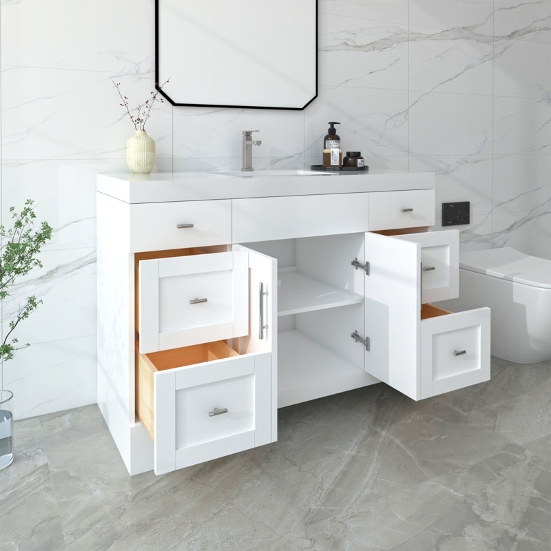 Ensemble de meuble-lavabo autoportant blanc mat avec comptoir en quartz de Carrare 48 po Aurilla, Blanc