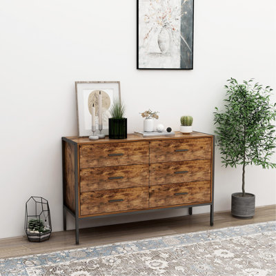 Industrial Style 6 Drawer Double Dresser, Rustic Brown Wood Storage Dresser Clothes Organizer With Sturdy Steel Frame, Chest With 6 Drawer, Storage Cabinet For Bedroom, Living Room