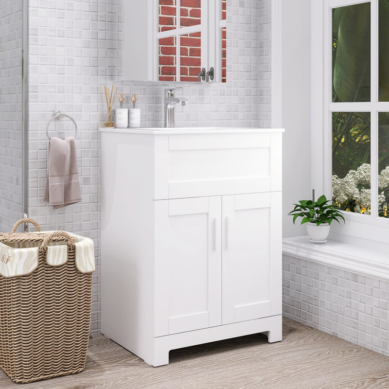 Meuble-lavabo simple 24 po Mid-Century avec lavabo en céramique et drain escamotable