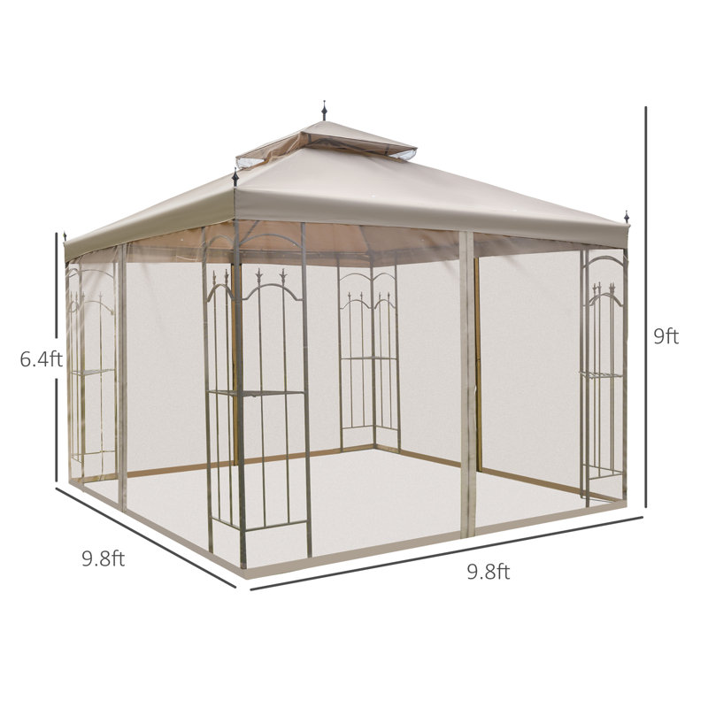 Outsunny Brown Steel Outdoor Patio Gazebo with Mesh Curtains and Shelves