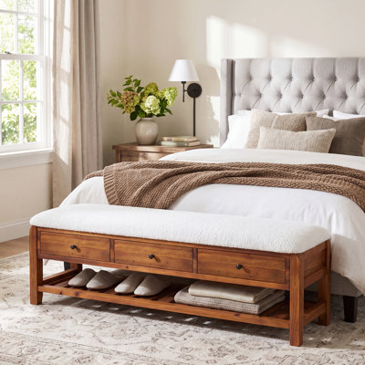 Banc de rangement en bois 55 po avec siège rembourré, tiroirs et tablette à lattes ouvertes, banc de chambre de ferme avec rangement