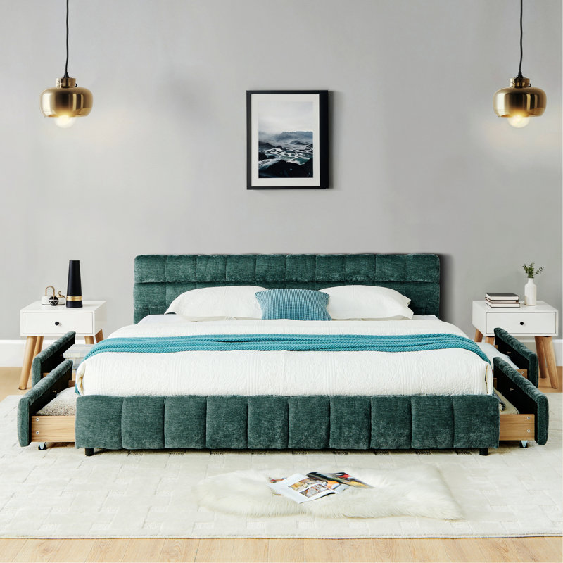Upholstered Bed With Headboard, Storage Drawers, Blue/Green