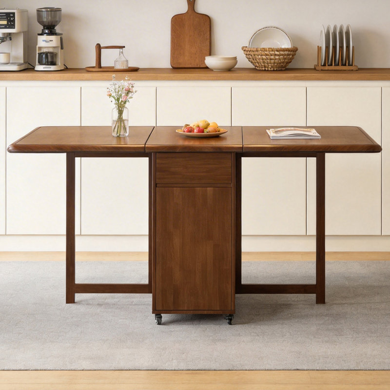 Mid-Century Solid Wood Folding Dining Set, Walnut Table With 4 Self-Storing Chairs, Casters And 2 Drawers Fast Dispatch From UK Warehouse – Dispatched Within 2 Days